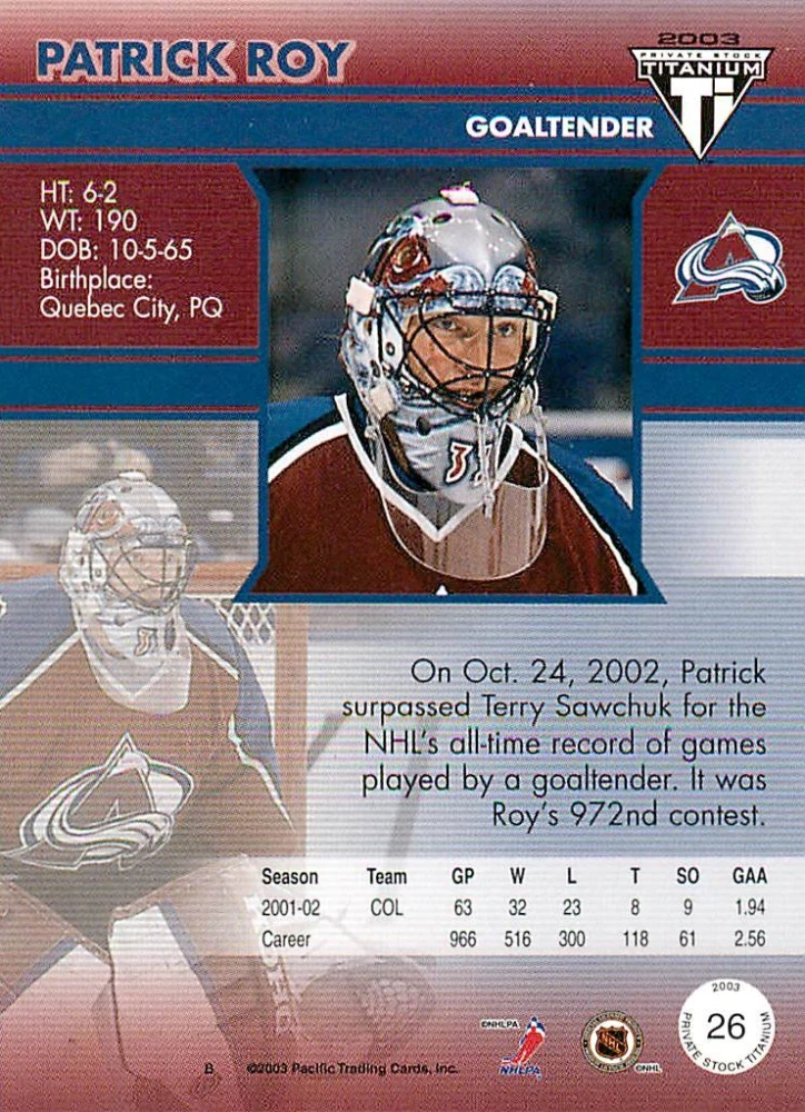 2002-03 Pacific Private Stock Titanium - Patrick Roy #26