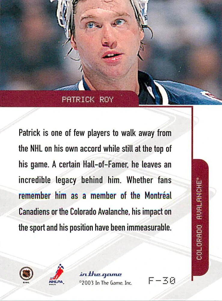 2003-04 ITG Toronto Star - Patrick Roy - Foil #F-30