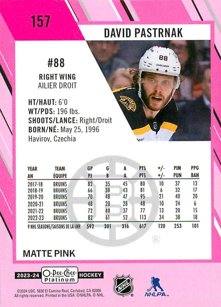 2023-24 UD O-Pee-Chee Platinum - David Pastrňák - Matte Pink #157