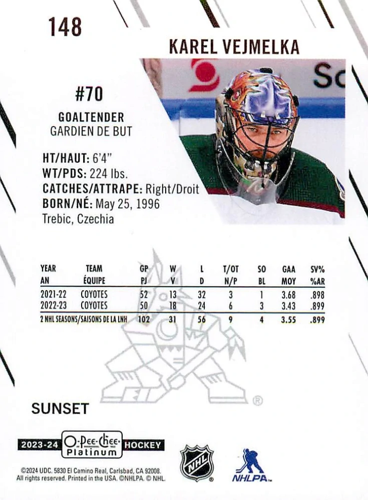 2023-24 UD O-Pee-Chee Platinum - Karel Vejmelka - Sunset #148