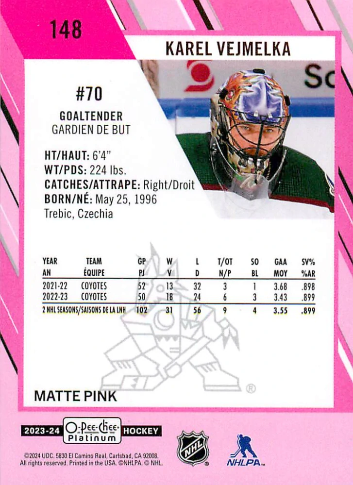 2023-24 UD O-Pee-Chee Platinum - Karel Vejmelka - Matte Pink #148