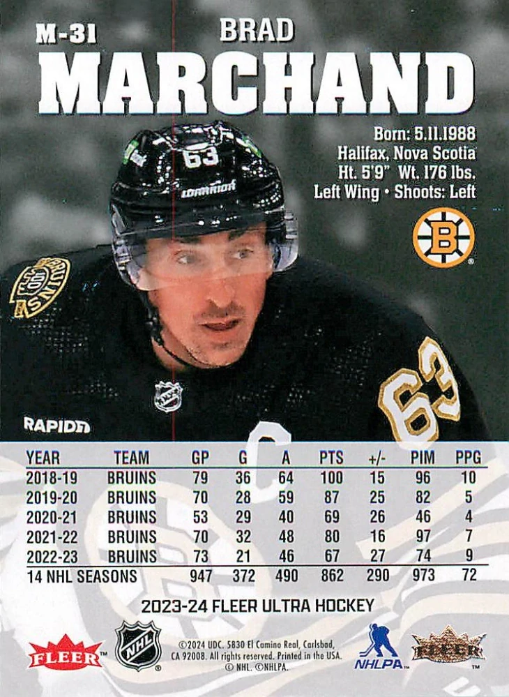 2023-24 UD Fleer Ultra - Brad Marchand - Medallions #M-31