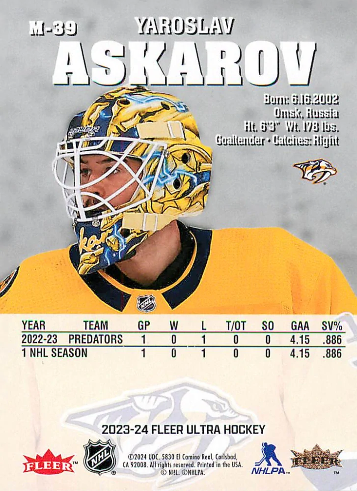 2023-24 UD Fleer Ultra - Yaroslav Askarov - Medallions #M-39