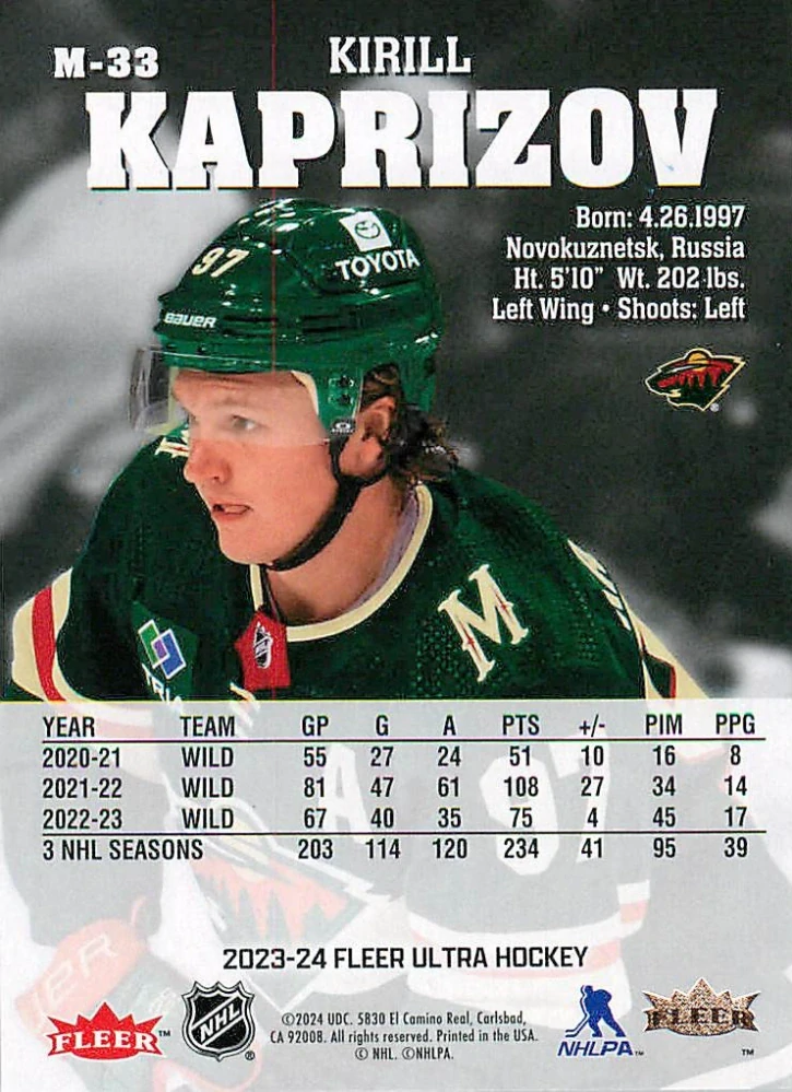 2023-24 UD Fleer Ultra - Kirill Kaprizov - Medallions #M-33