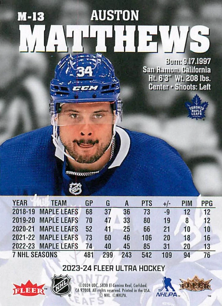 2023-24 UD Fleer Ultra - Auston Matthews - Medallions #M-13