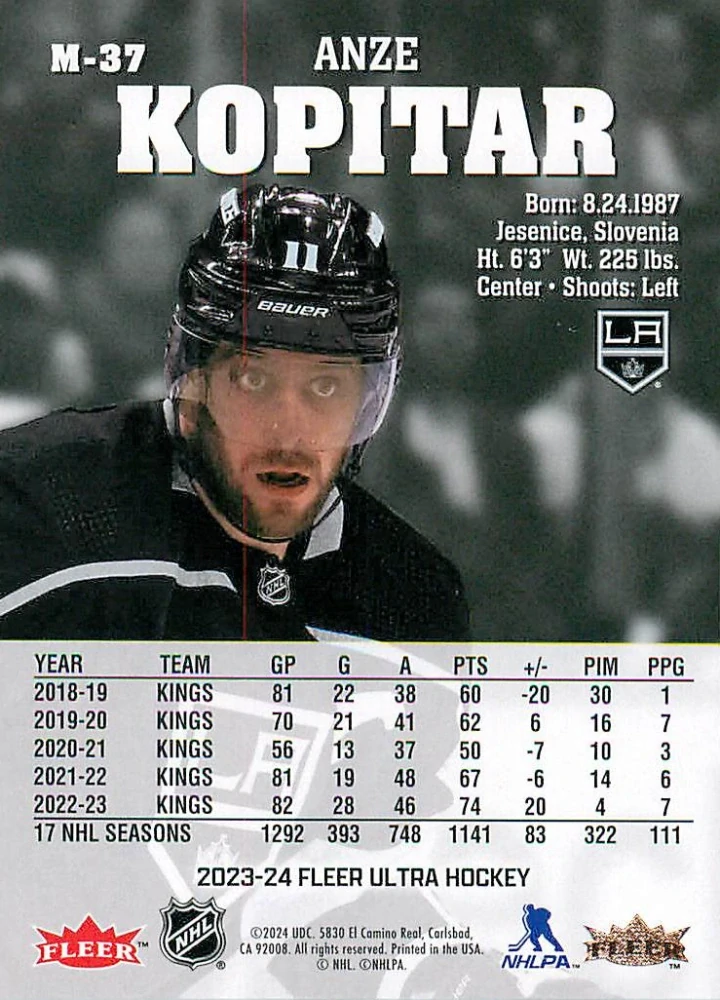 2023-24 UD Fleer Ultra - Anze Kopitar - Medallions #M-37