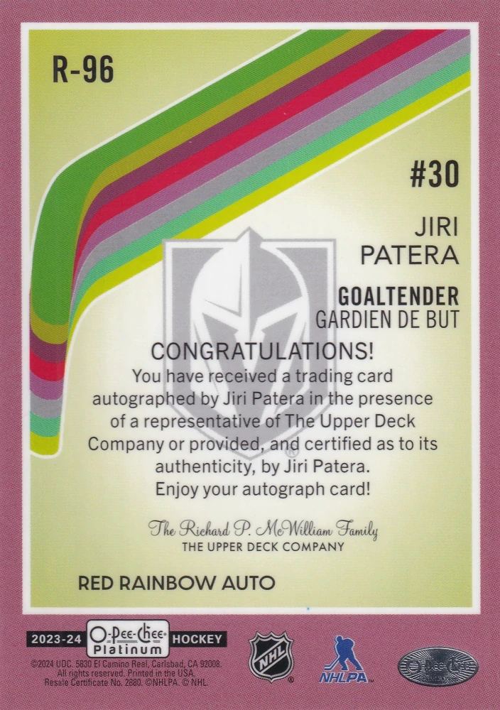 2023-24 UD O-Pee-Chee Platinum - Jiří Patera - Rookie Red Rainbow Autographs #R-96
