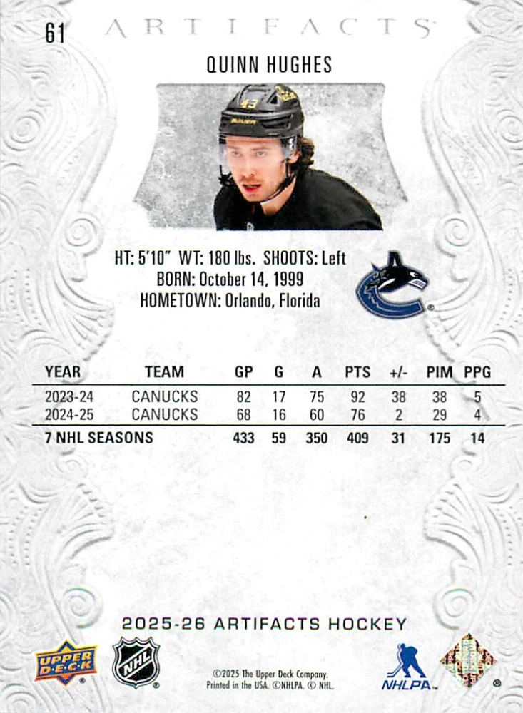 2025-26 UD Artifacts - Quinn Hughes #61