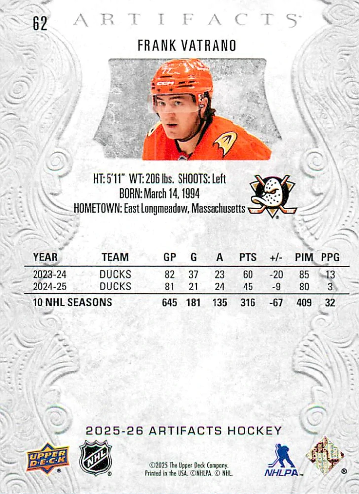 2025-26 UD Artifacts - Frank Vatrano #62