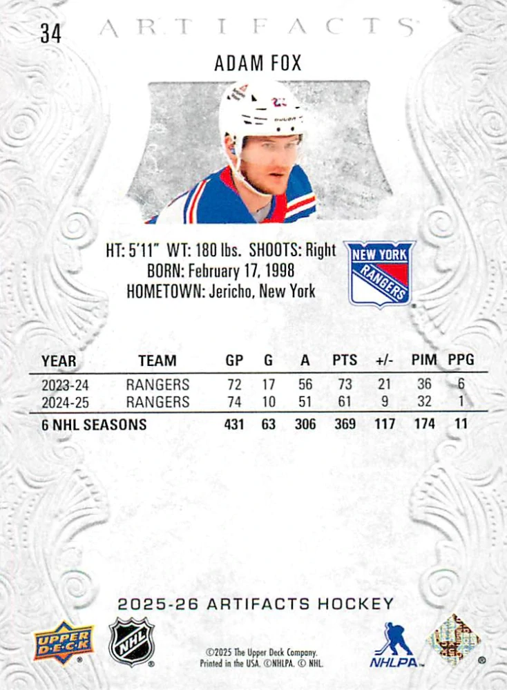 2025-26 UD Artifacts - Adam Fox #34