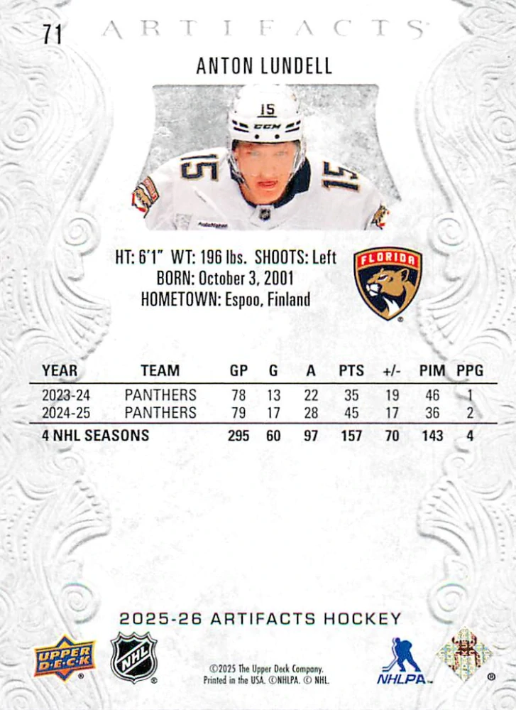 2025-26 UD Artifacts - Anton Lundell #71