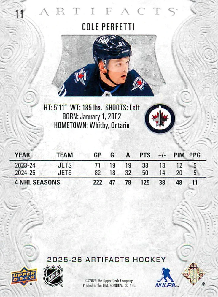 2025-26 UD Artifacts - Cole Perfetti #11