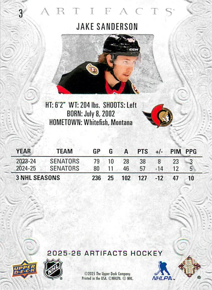 2025-26 UD Artifacts - Jake Sanderson #3
