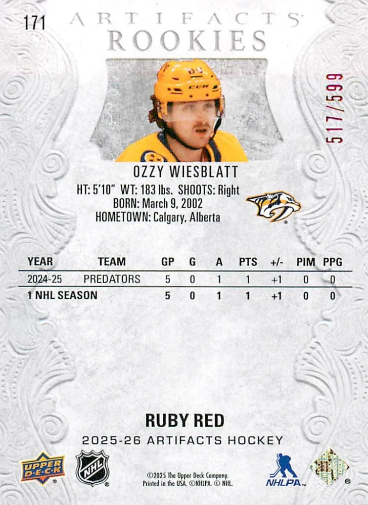 2025-26 UD Artifacts - Ozzy Wiesblatt - Rookies Ruby Red /599 #171
