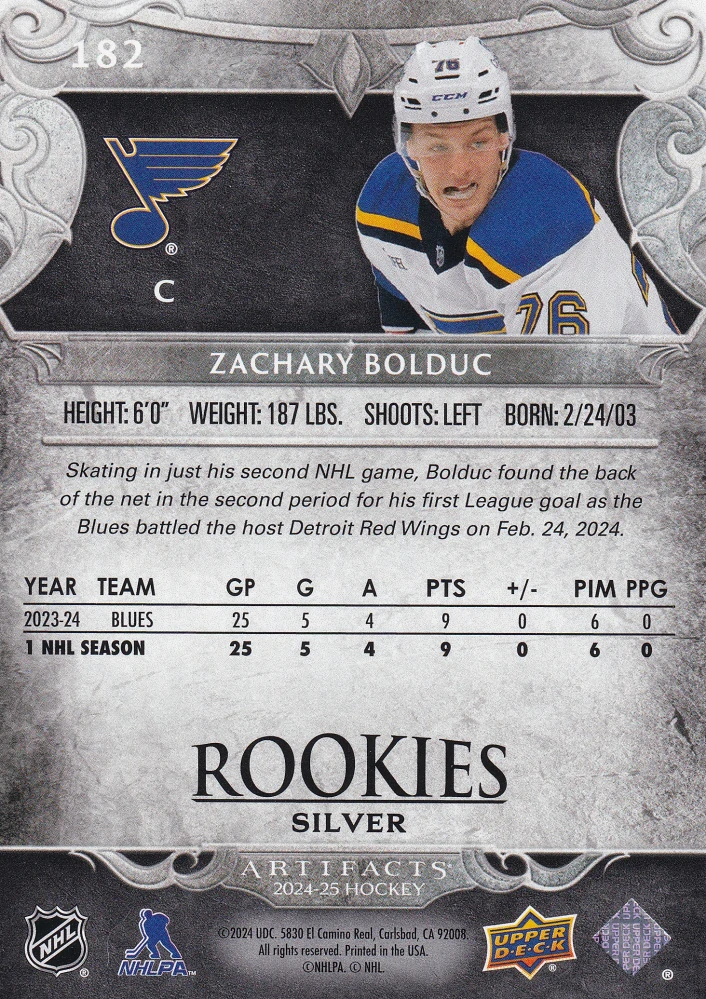 2024-25 UD Artifacts - Zachary Bolduc - Rookies Silver /999 #182