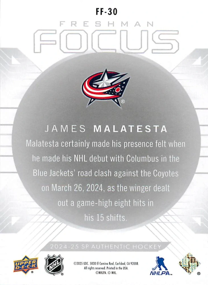 2024-25 UD SP Authentic - James Malatesta - Freshman Focus #FF-30