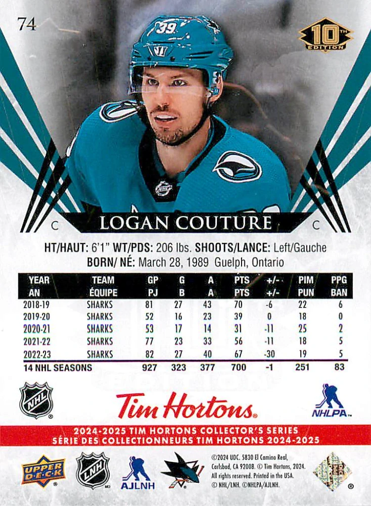 2024-25 UD Tim Hortons - Logan Couture #74