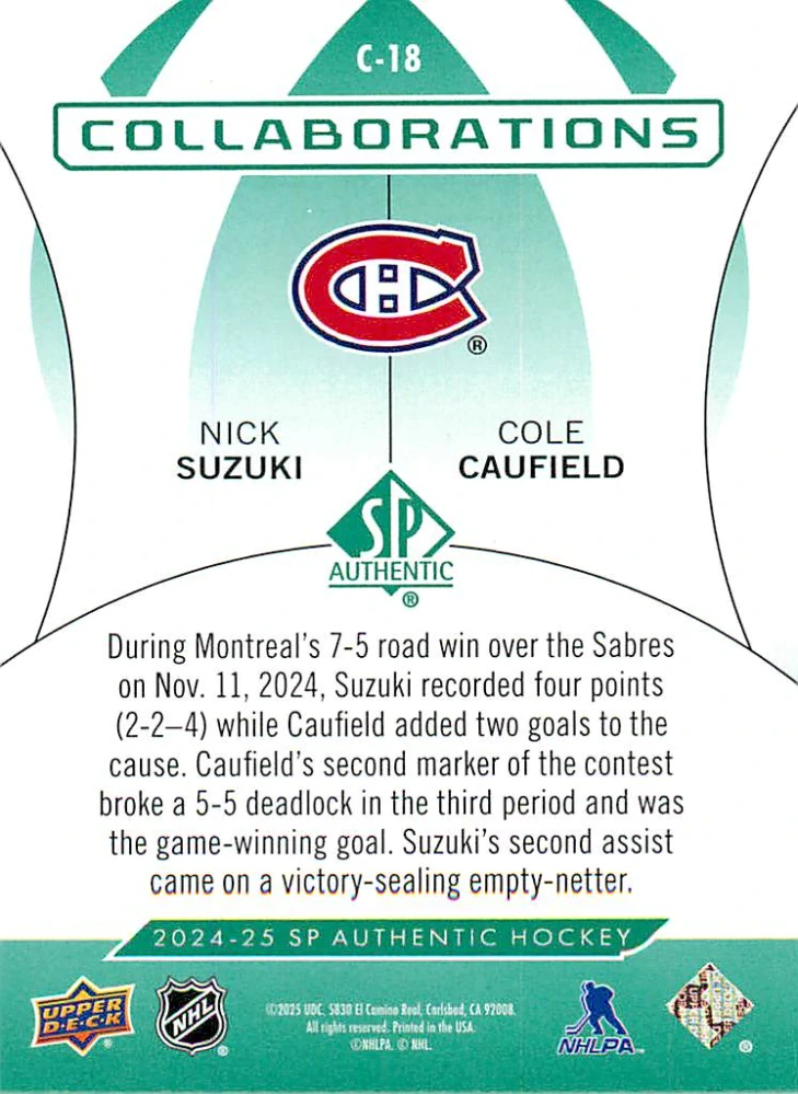 2024-25 UD SP Authentic - Nick Suzuki, Cole Caufield - Collaborations Green #C-18