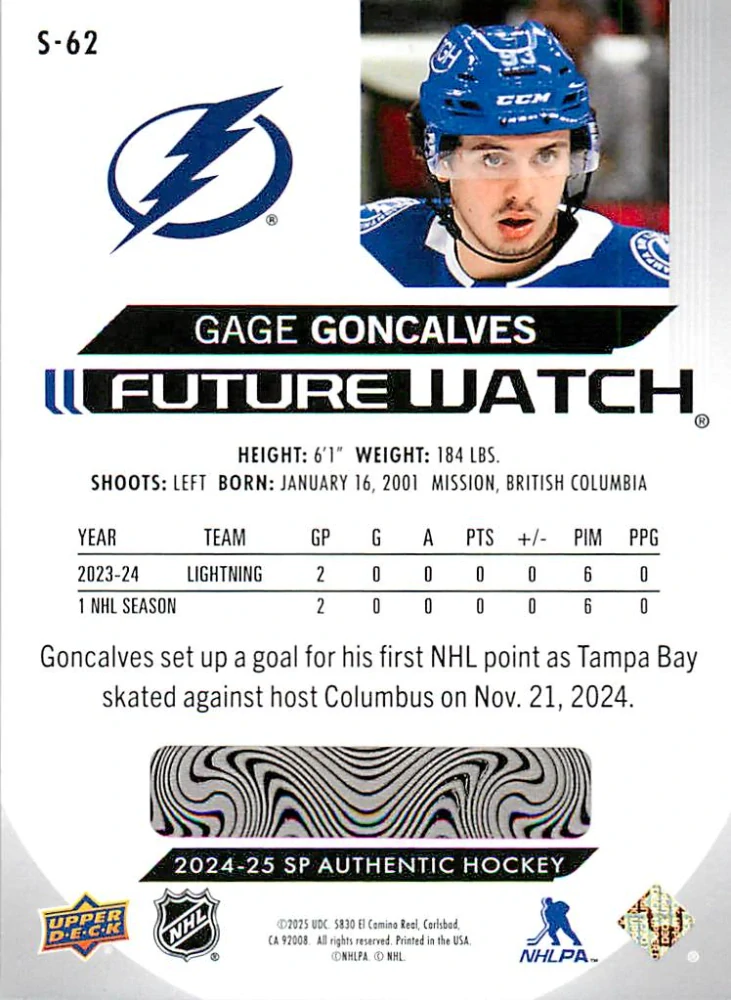 2024-25 UD SP Authentic - Gage Goncalves - Future Watch Spectrum FX #S-62
