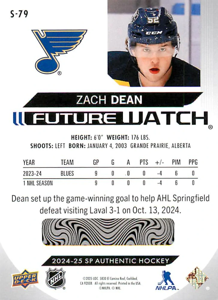 2024-25 UD SP Authentic - Zach Dean - Future Watch Spectrum FX #S-79