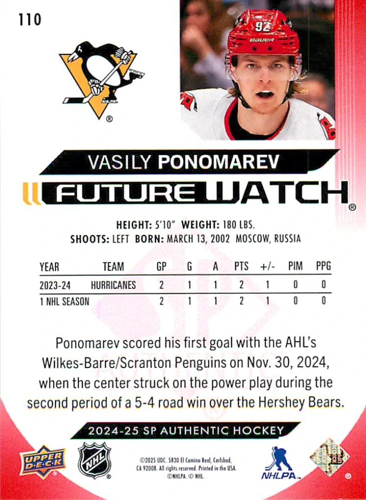 2024-25 UD SP Authentic - Vasily Ponomarev - Future Watch Limited Red #110
