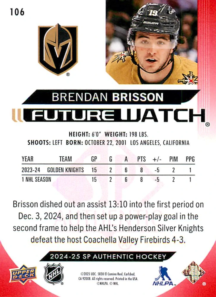 2024-25 UD SP Authentic - Brendan Brisson - Future Watch Limited Red #106