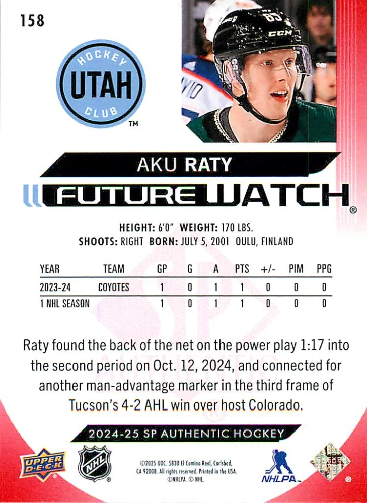 2024-25 UD SP Authentic - Aku Raty - Future Watch Limited Red #158