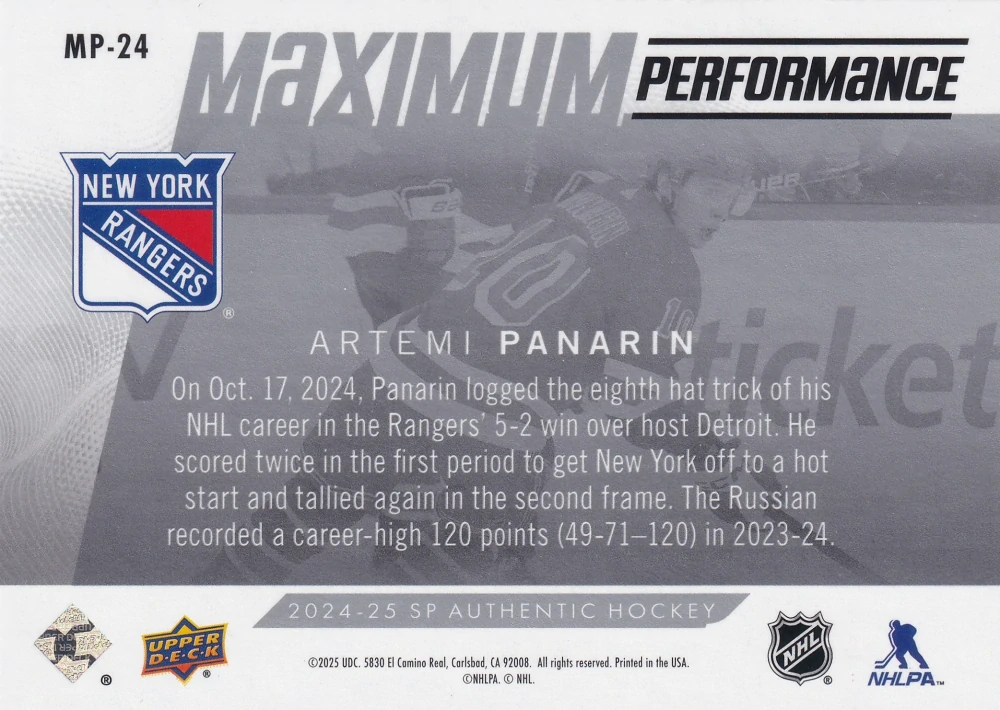 2024-25 UD SP Authentic - Artemi Panarin - Maximum Performance #MP-24