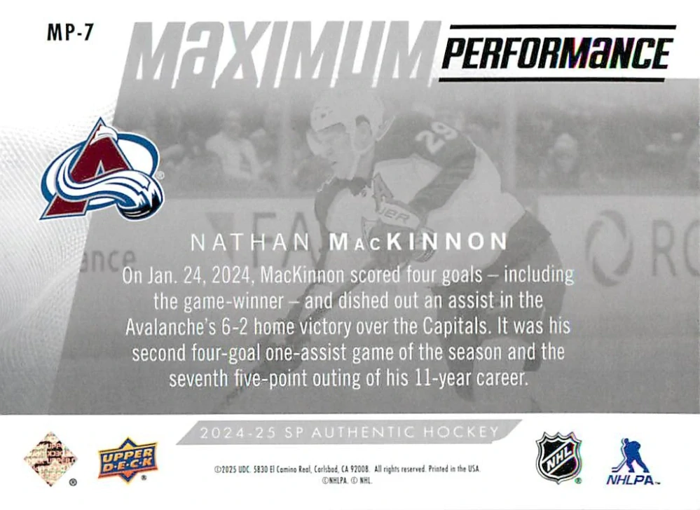 2024-25 UD SP Authentic - Nathan MacKinnon - Maximum Performance #MP-7