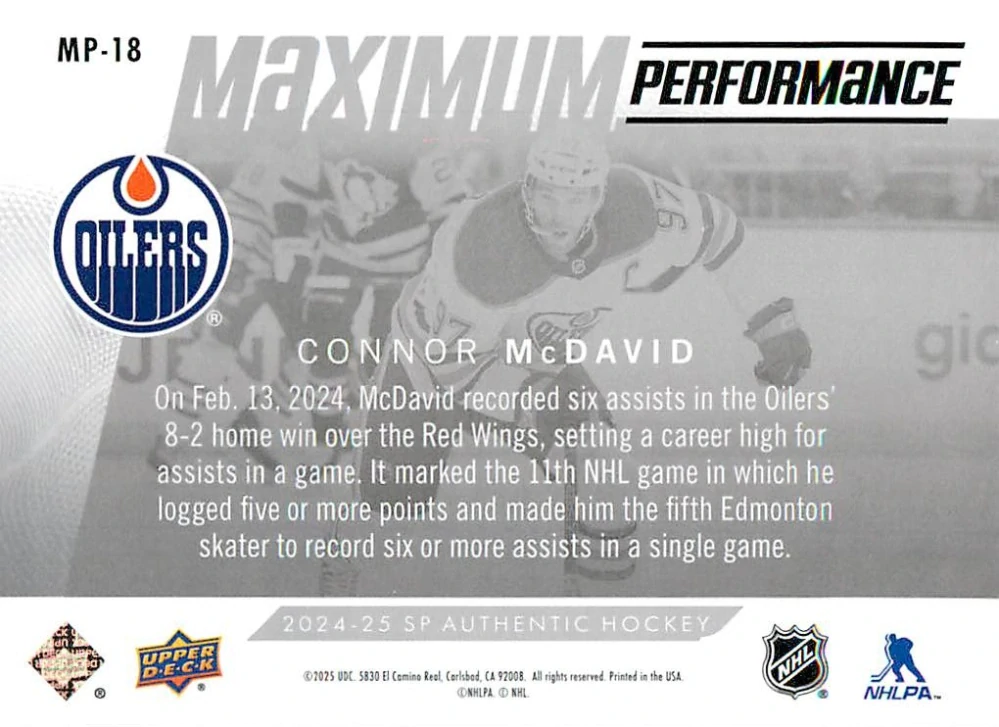 2024-25 UD SP Authentic - Connor McDavid - Maximum Performance #MP-18