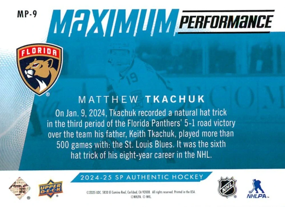 2024-25 UD SP Authentic - Matthew Tkachuk - Maximum Performance Blue #MP-9
