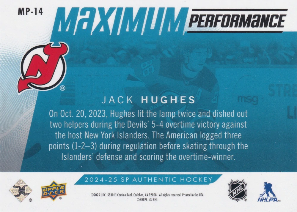 2024-25 UD SP Authentic - Jack Hughes - Maximum Performance Blue #MP-14