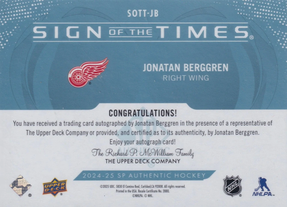 2024-25 UD SP Authentic - Jonatan Berggren - Sign Of The Times #SOTT-JB
