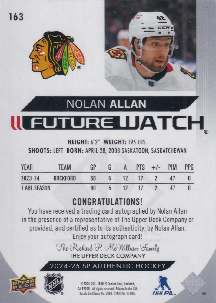 2024-25 UD SP Authentic - Nolan Allan - Future Watch Autograph Horizontal /599 #163