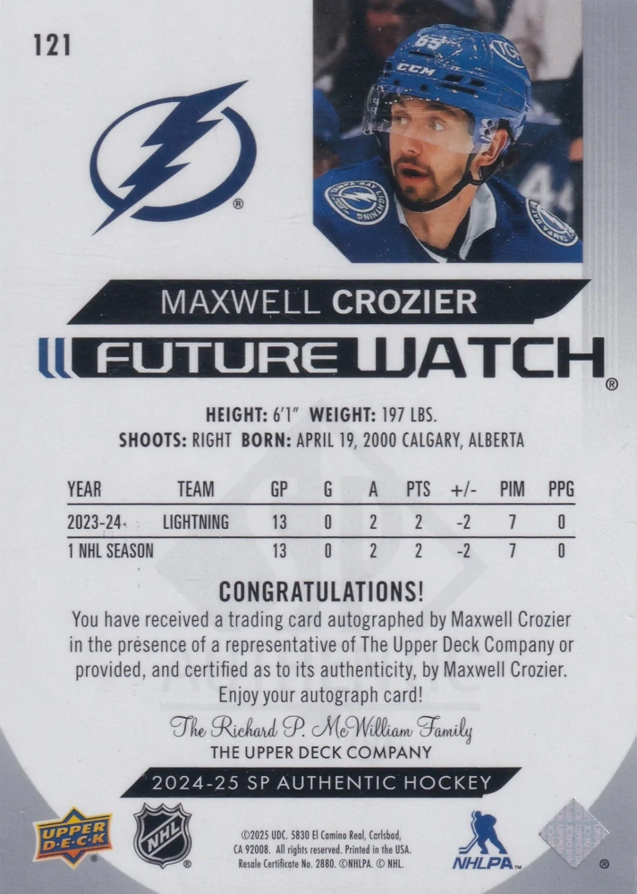 2024-25 UD SP Authentic - Maxwell Crozier - Future Watch Autograph Horizontal /599 #121