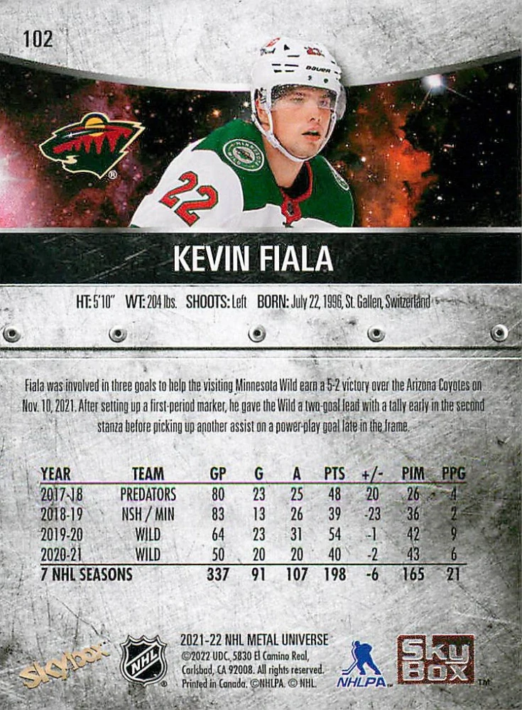 2021-22 UD Skybox Metal Universe - Kevin Fiala #102