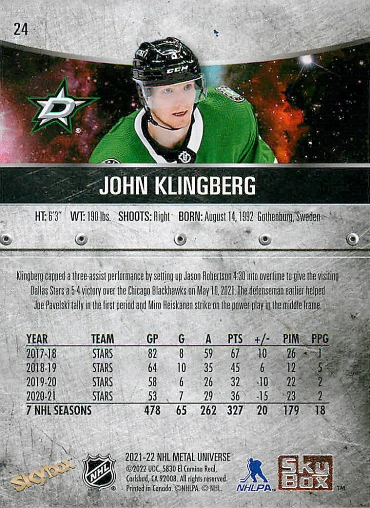 2021-22 UD Skybox Metal Universe - John Klingberg #24