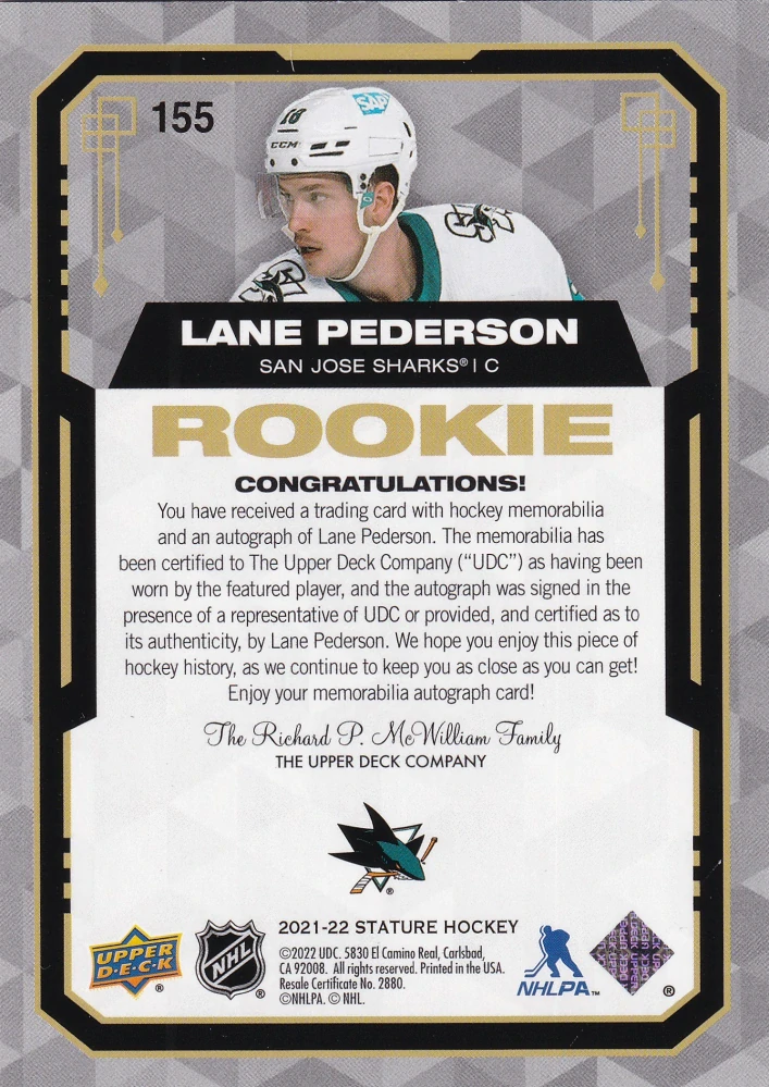 2021-22 UD Stature - Lane Pederson - Rookie Design Variant /65 #155