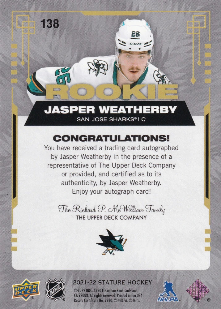 2021-22 UD Stature - Jasper Weatherby - Rookie Autographs /199 #138