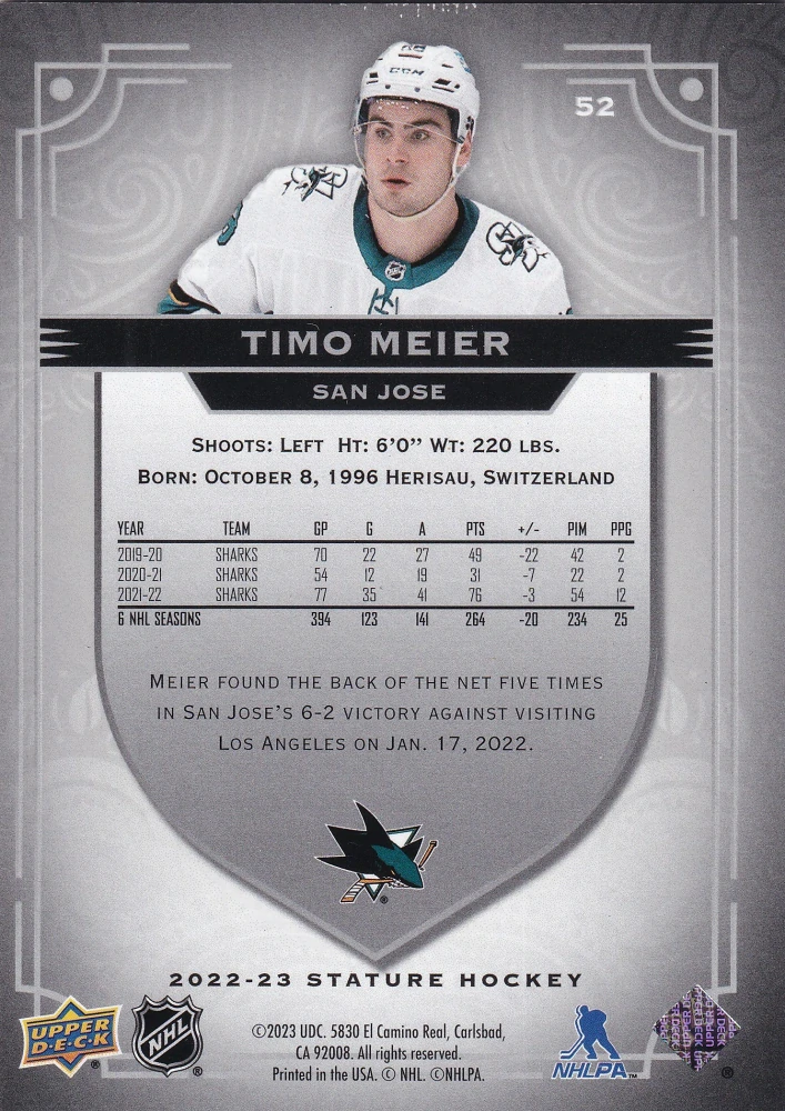2022-23 UD Stature - Timo Meier - Photo Variant /99 #52