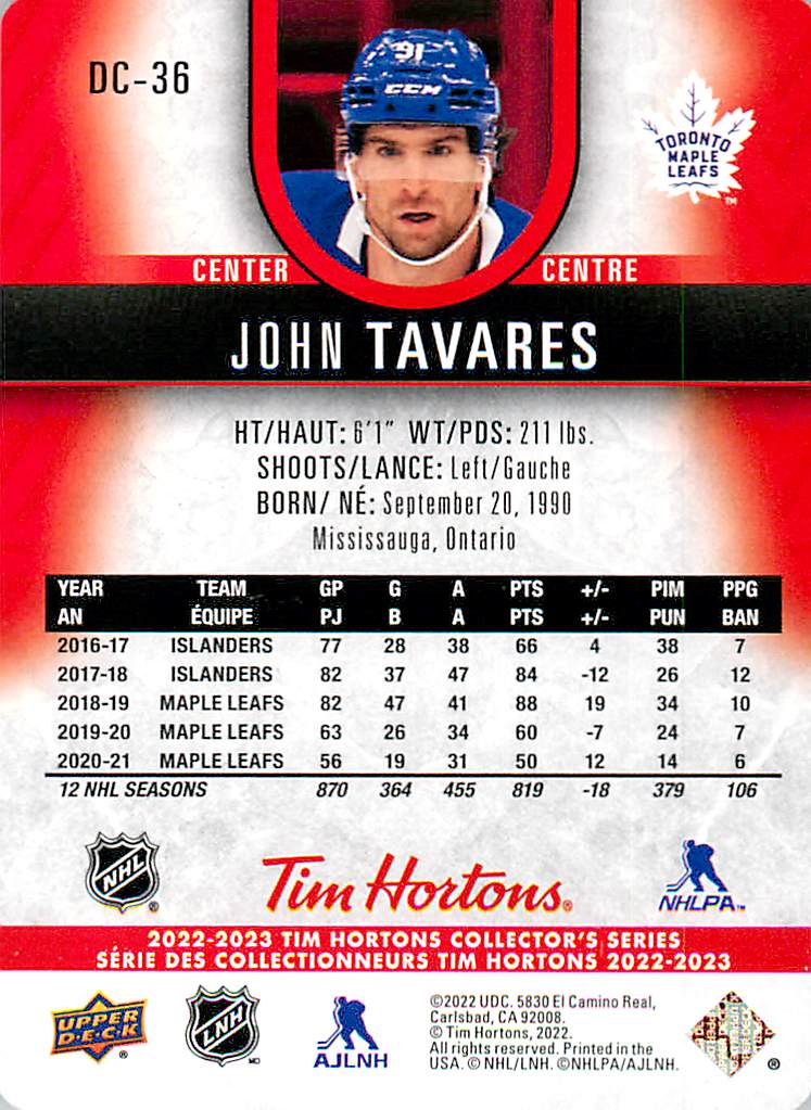 2022-23 UD Tim Hortons Collector's Series - John Tavares - Red Die-Cuts #DC-36