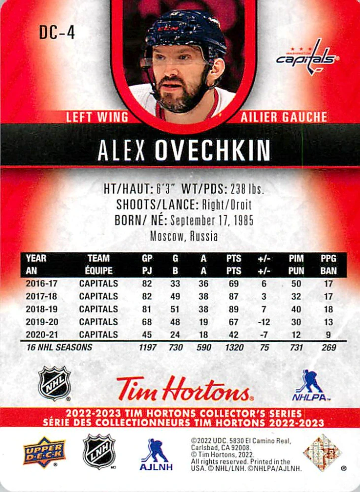 2022-23 UD Tim Hortons Collector's Series - Alex Ovechkin - Red Die-Cuts #DC-4