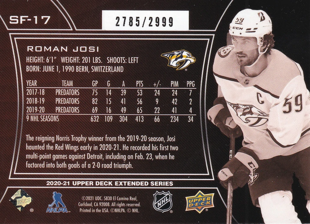 2020-21 UD Extended Series - Roman Josi - SPx Finite /2999 #SF-17