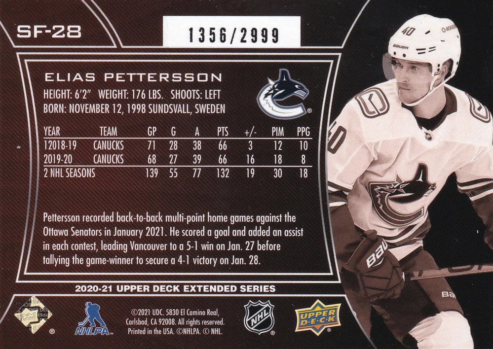 2020-21 UD Extended Series - Elias Pettersson - SPx Finite /2999 #SF-28