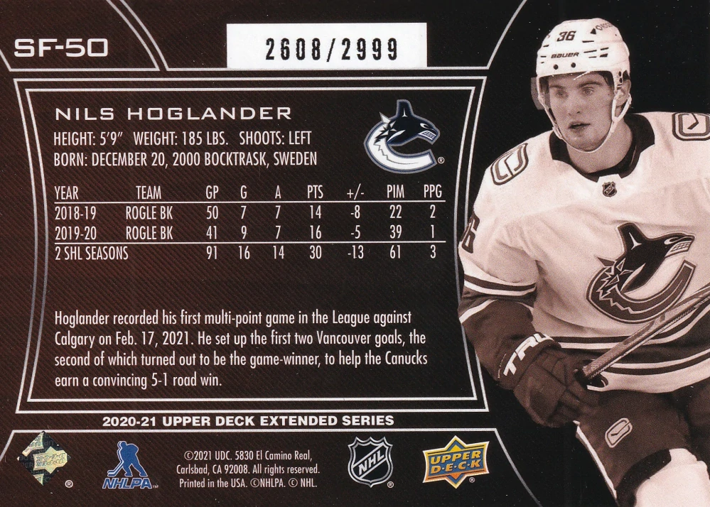 2020-21 UD Extended Series - Nils Hoglander - SPx Finite /2999 #SF-50