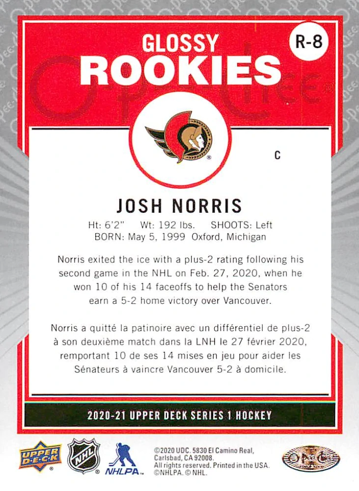 2020-21 UD Series 1 - Josh Norris - O-Pee-Chee Glossy Rookies #R-8
