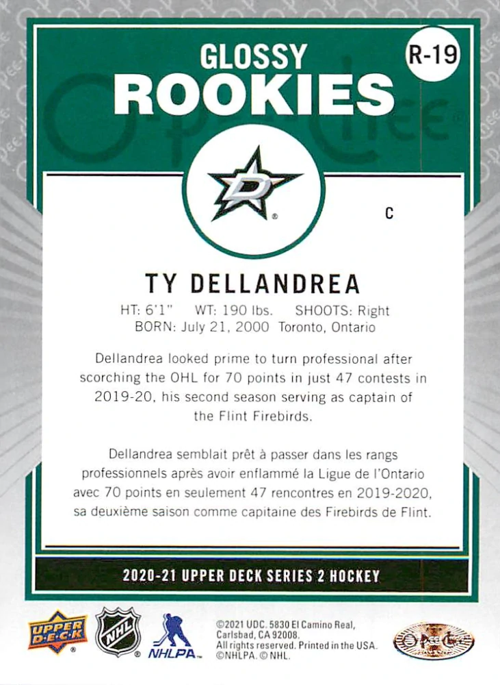 2020-21 UD Series 2 - Ty Dellandrea - O-Pee-Chee Glossy Rookies #R-19