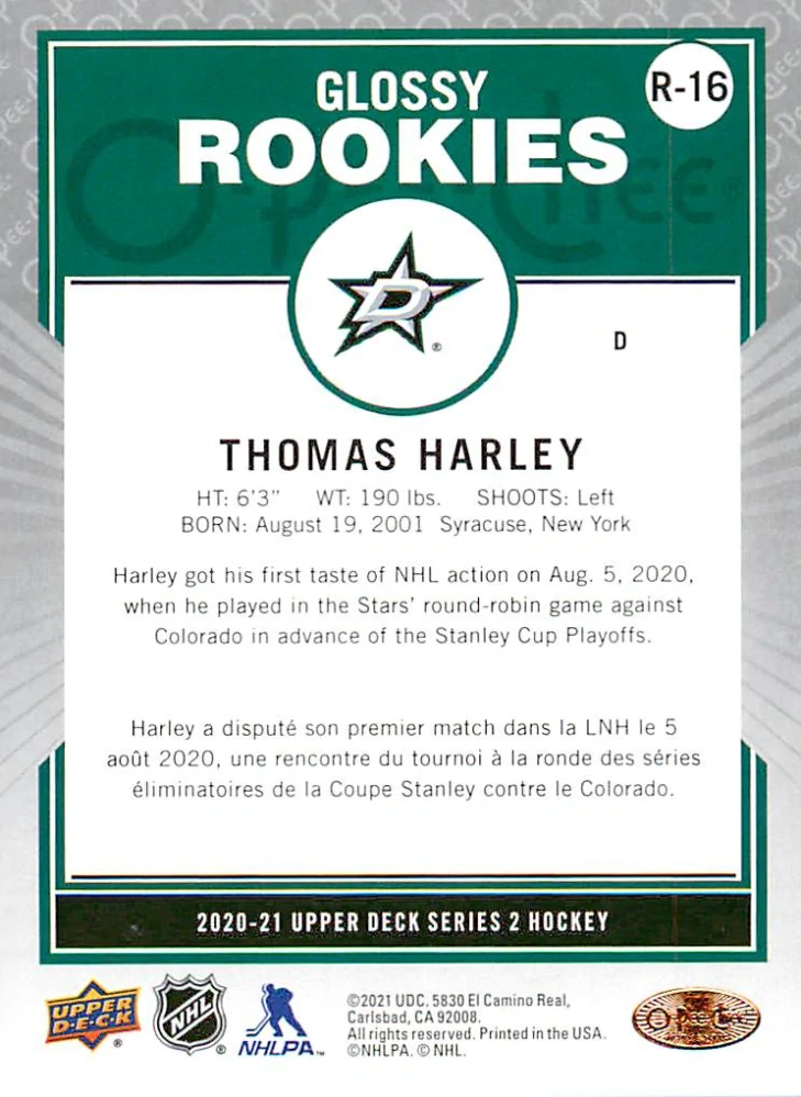 2020-21 UD Series 2 - Thomas Harley - O-Pee-Chee Glossy Rookies #R-16