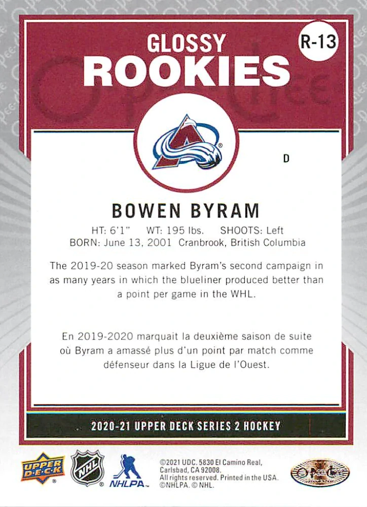 2020-21 UD Series 2 - Bowen Byram - O-Pee-Chee Glossy Rookies Bronze #R-13