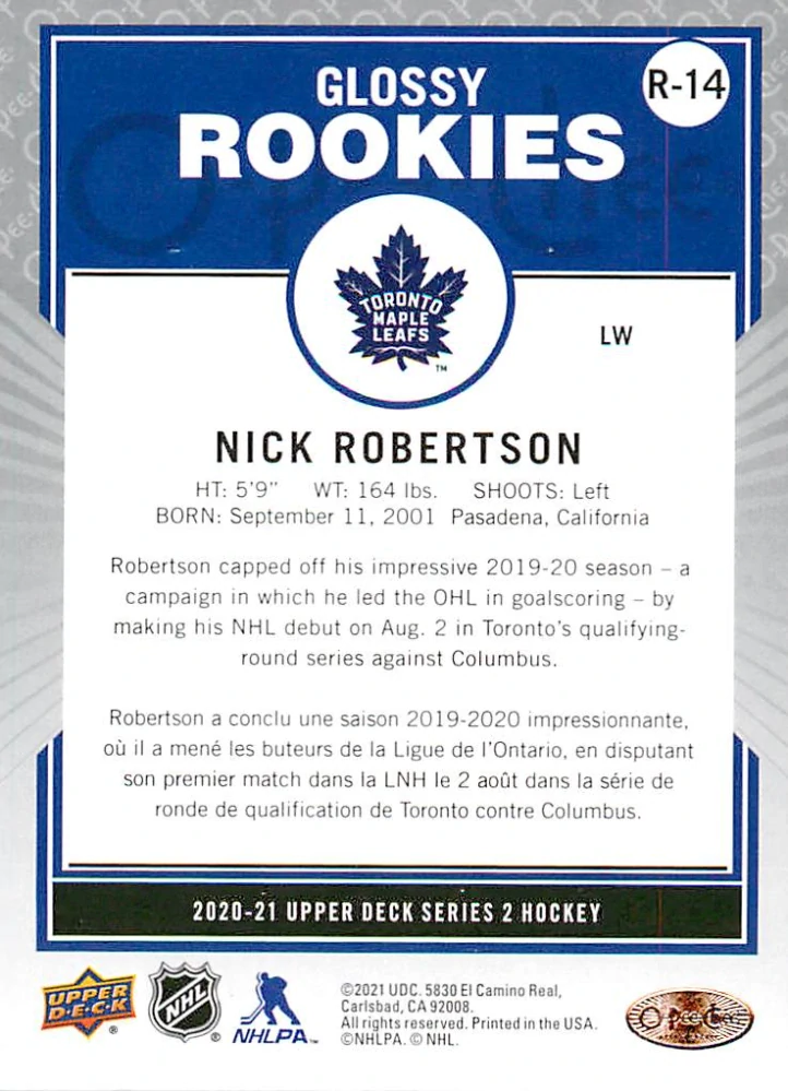2020-21 UD Series 2 - Nick Robertson - O-Pee-Chee Glossy Rookies Gold #R-14
